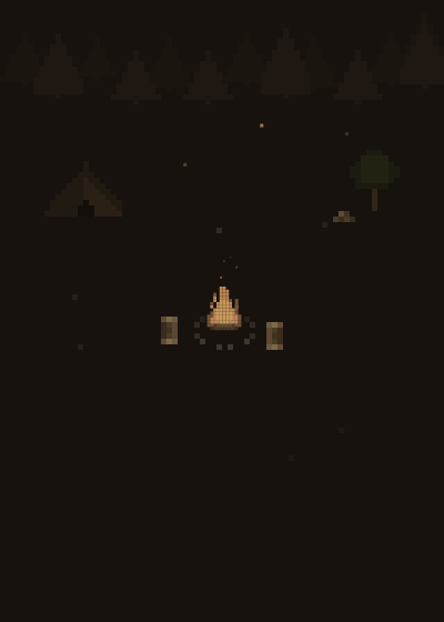 A dark pixel-art camp: a small fire between two bedrolls, a tent, pines behind.