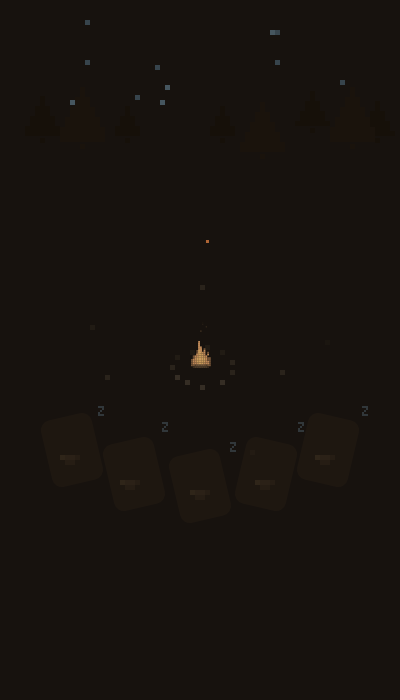 A dying fire, the party asleep on bedrolls, faint blue motes in the dark.