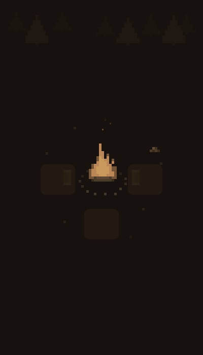 Rest by the fire: a tall campfire between hero cards, warmth motes rising.
