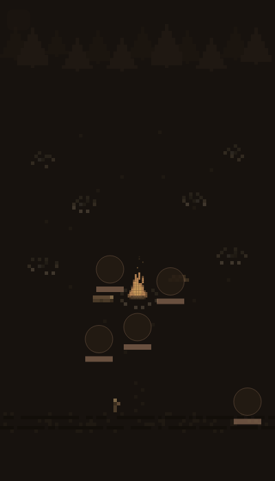 The standing Camp: one lit fire among seven rings, figures moving between them.