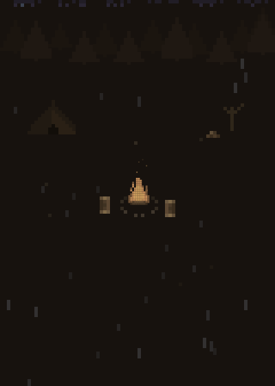 The same camp under the storm: rain falling through the dark, the fire pressed low.